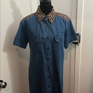 Blue J. vintage denim shirt dress with a leopard print collar and yoke